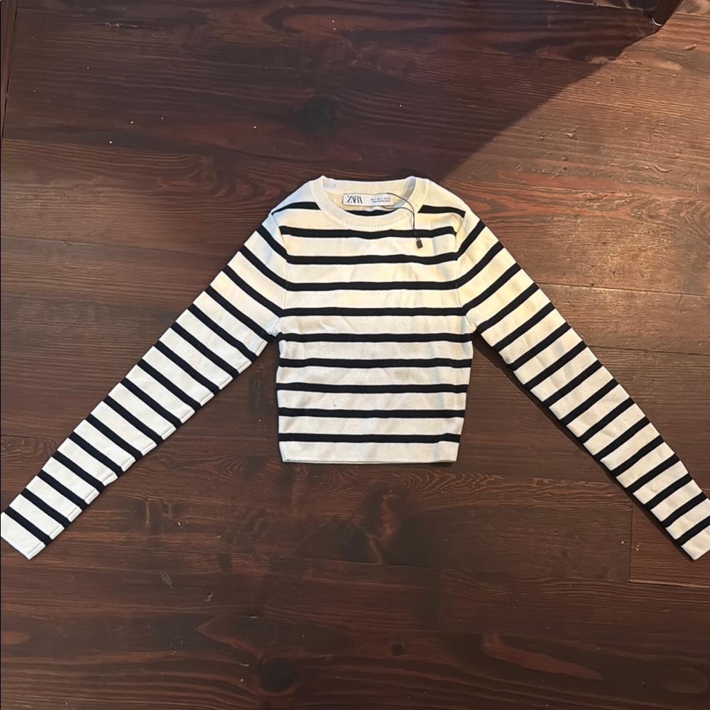 Zara Navy and White Striped Crewneck Top